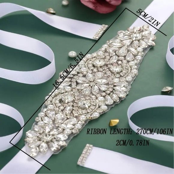 Rhinestone and Pearl Bridal Wedding Dress Belt Waist Chain Sash - Picture 3 of 10